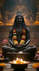 Stone deity statue sits in lotus pose amid lit temple lamps