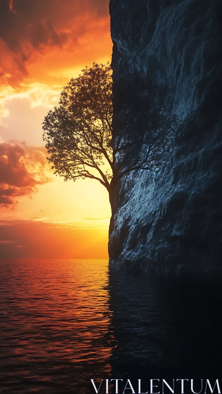 Sunset tree clinging to a cliff above glowing waters.