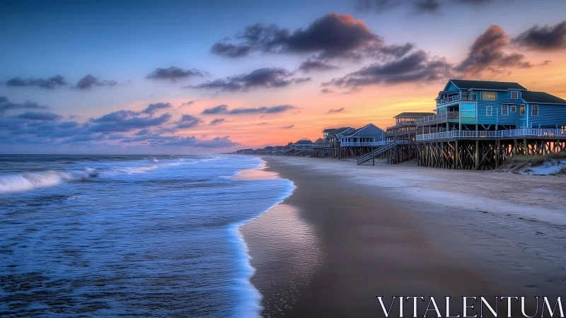 Elevated coastal houses overlook receding tidal surf at sunset