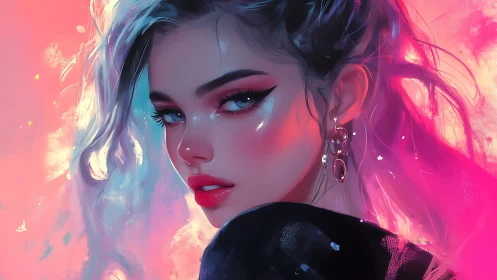 Neon-lit portrait merges soft gradients and sharp gaze.