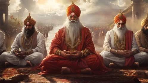 Elderly turbaned men seated in calm ceremonial gathering.