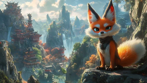 Fox guardian grins atop misty pagoda cliffs at dawn