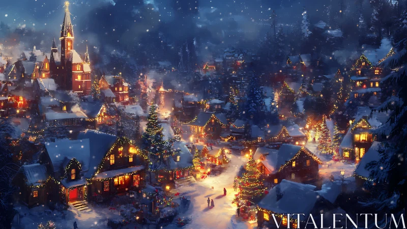 Snow-laden alpine village at night with glowing festive lights