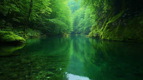 Green forest river gorge with reflective calm water.