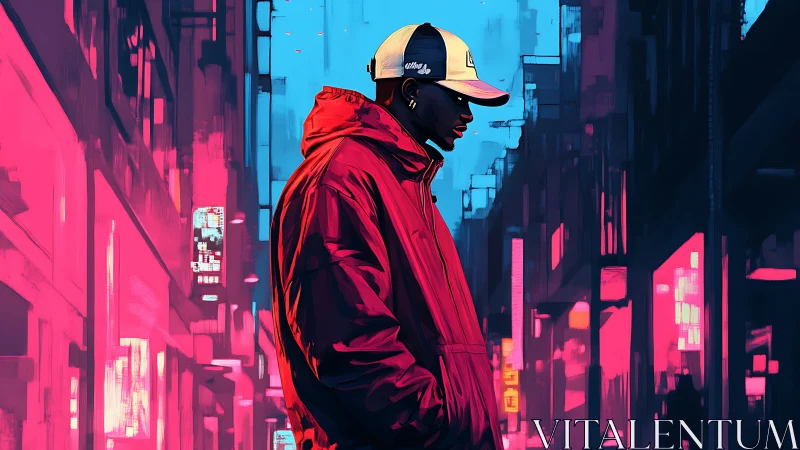 Neon-soaked alley cradles a lost thinker in crimson silence