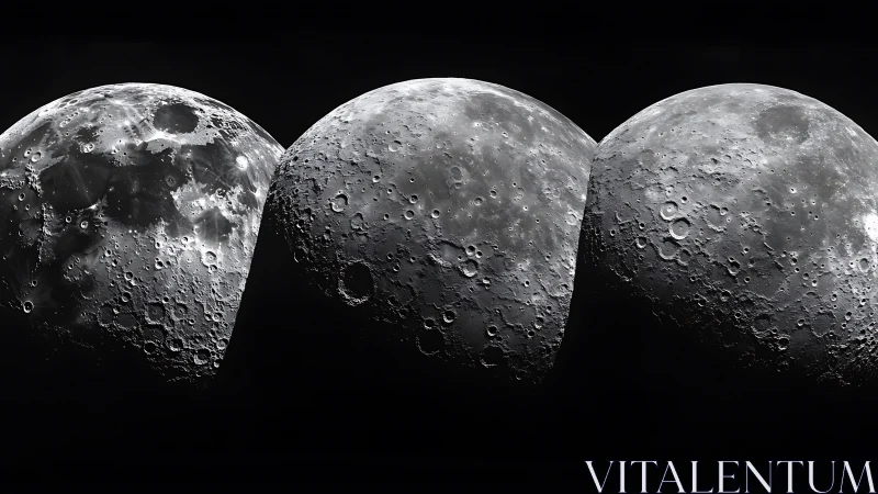 Triple lunar arc of cratered silver worlds in silent drift.