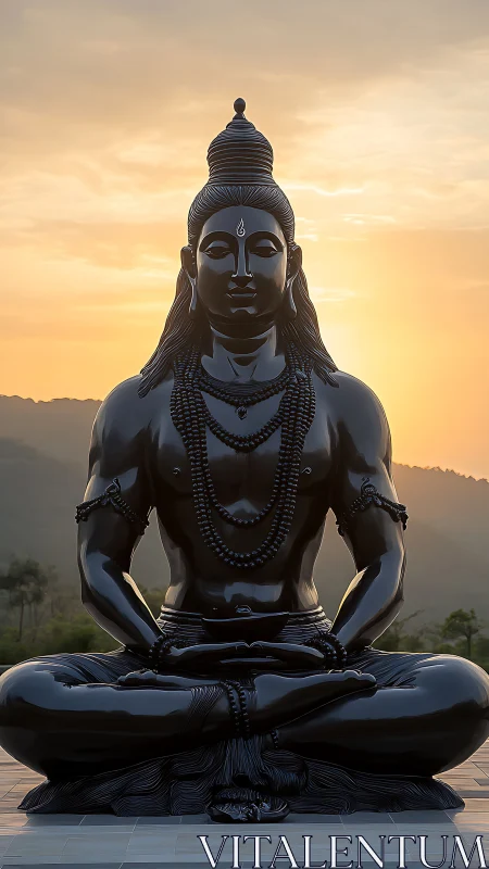 Large black meditative statue against hazy sunset sky.
