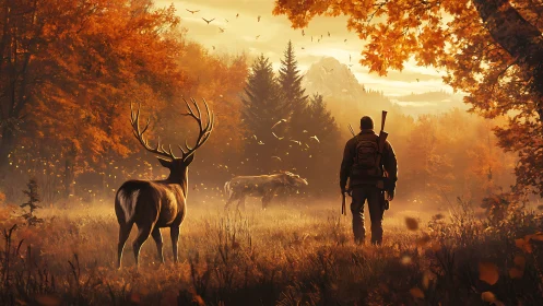Backlit hunter and stag in volumetric autumn forest atmosphere
