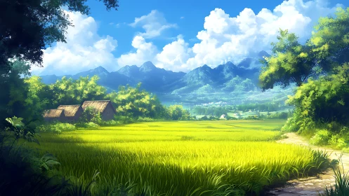 Bright rural rice fields with mountains under clear sky.