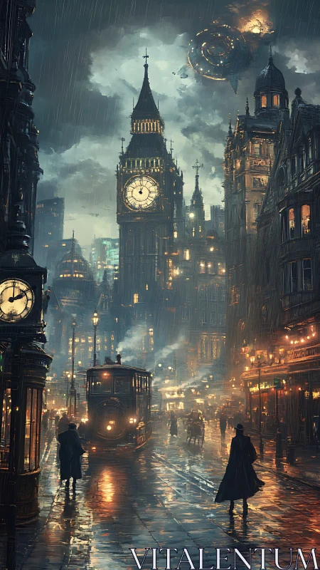 Steampunk London street under alien sky and heavy rain.