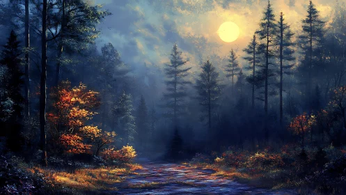 Forest landscape with celestial illumination and mist