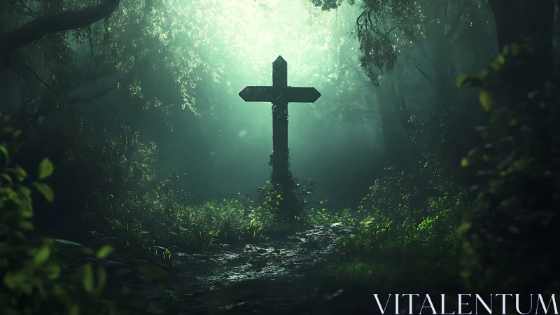 Illuminated Cross Standing in Misty Forest Wilderness