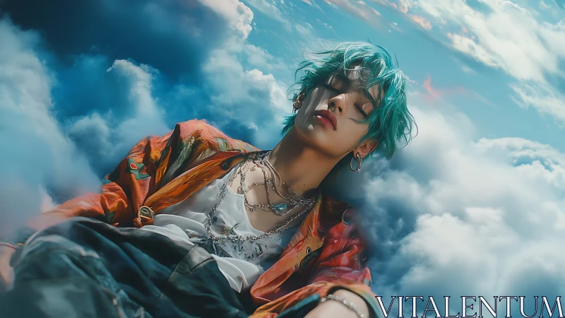 Figure with teal hair reclines among stylized cloud formations