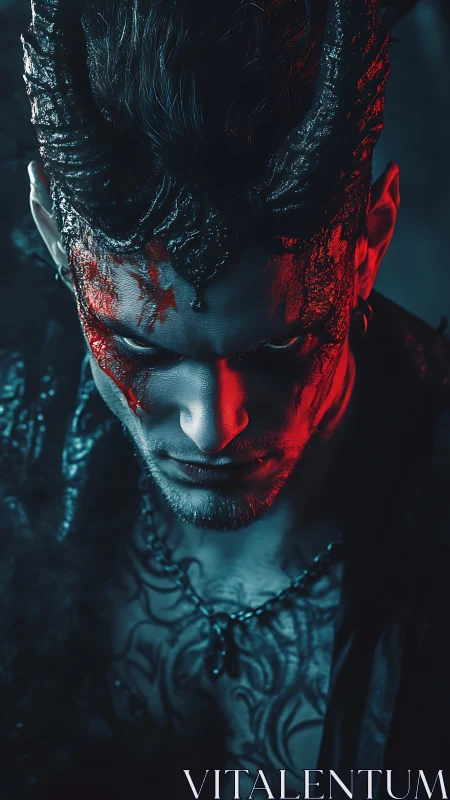 Demonic portrait in dual-tone horror digital painting style.