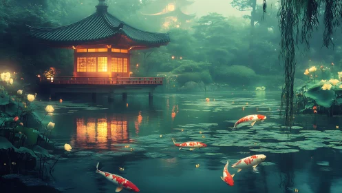 Lanternlit koi lagoon cradling a misty moonlit pavilion.
