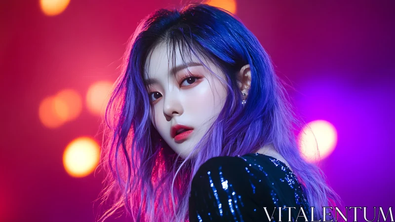 Neon-lit portrait of violet-haired performer in bokeh haze.