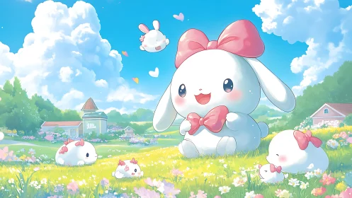 Pastel meadow panorama with oversized bow-adorned bunnies.