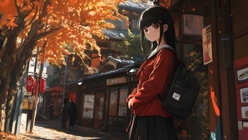 Autumn-lit Japanese street scene with anime schoolgirl in uniform
