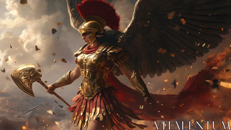 Winged armored warrior with axe in storm of debris.