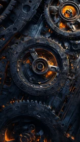 Industrial steel gears with molten orange core light.