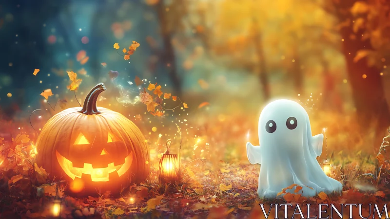 Cute ghost and glowing jack-o&rsquo;-lantern in autumn woods.