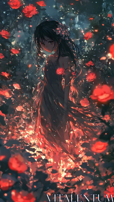 Dark haired girl stands in glowing rose garden at night