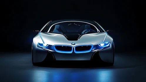Futuristic silver sports coupe with neon blue front lighting.