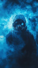 Hooded figure in gas mask emerging through dense blue smoke.