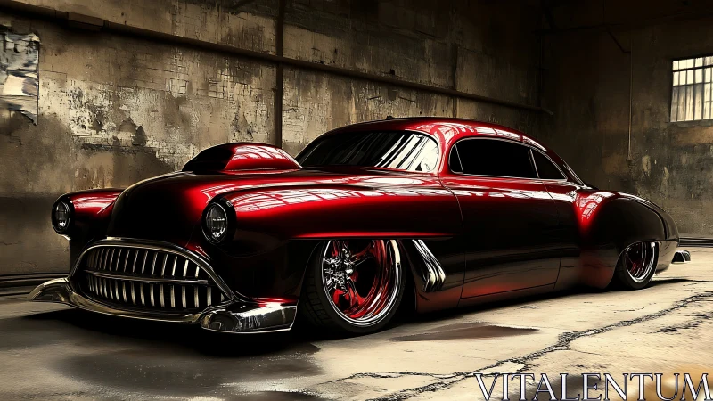 Custom crimson lowrider coupe rendered in dramatic photorealism
