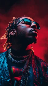 Neon-lit hip-hop portrait with intense red backlight glow.