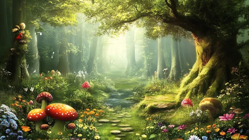 Enchanted Forest Pathway with Giant Toadstools and Luminescent Canopy
