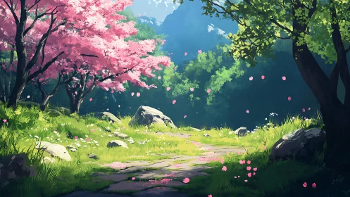 Sunlit stone path curves through spring cherry blossom grove