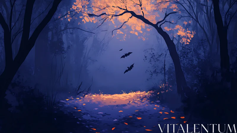 Mystical Forest Night with Glowing Leaves and Flying Bats