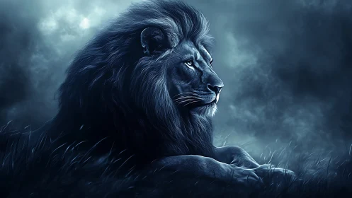 Nocturnal monochrome lion profile in misty grassland twilight