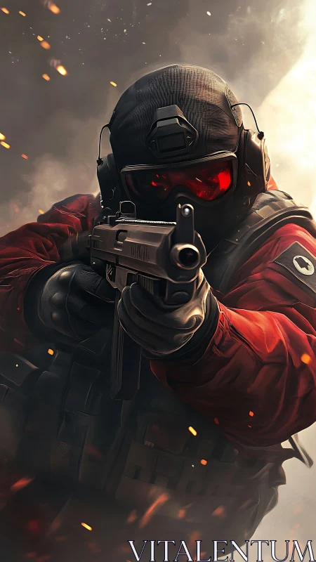 Armored figure aims firearm amid smoke and floating sparks