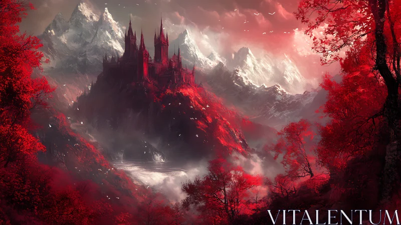 Crimson mountain citadel amid glacial peaks and spectral mist.