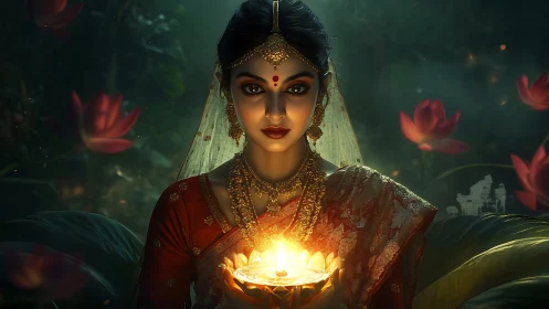 Woman in ornate sari holds glowing diya in lotus pond
