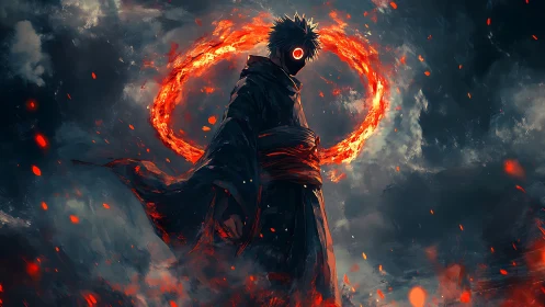 Digital painting of fiery ring mage in storm-swept silhouette.