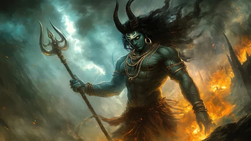 Mythic horned warrior with trident amid storm and fire.