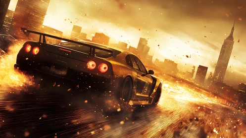 Street racer tears through blazing city at golden sunset