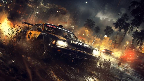 Dynamic night rally car in cinematic rain-soaked street scene.