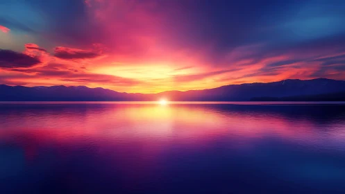 Sunset over calm lake with vivid pink and blue sky.