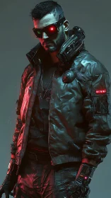 Brooding cyberpunk wanderer stands in glowing neon armor