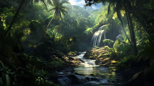 Tropical Waterfall Through Lush Jungle Canopy.