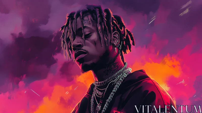 Neon crowned rapper drifting through electric sunset haze.