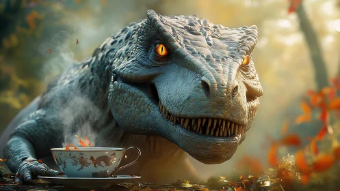 Predatory dinosaur studies porcelain teacup in misty forest.