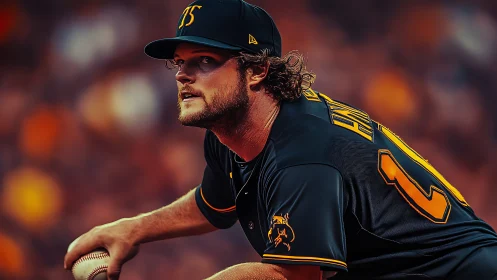 Intense baseball pitcher winds up in black and gold uniform.