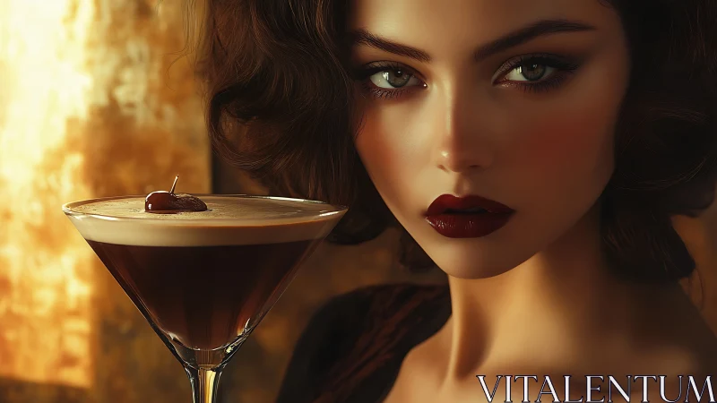 Elegance in Amber: A Woman's Contemplative Moment with Espresso Martini