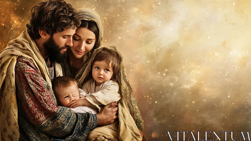 Sacred family portrait glows against radiant golden sky