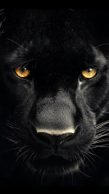 Black Panther Portrait with Amber Eyes Against Dark Background.